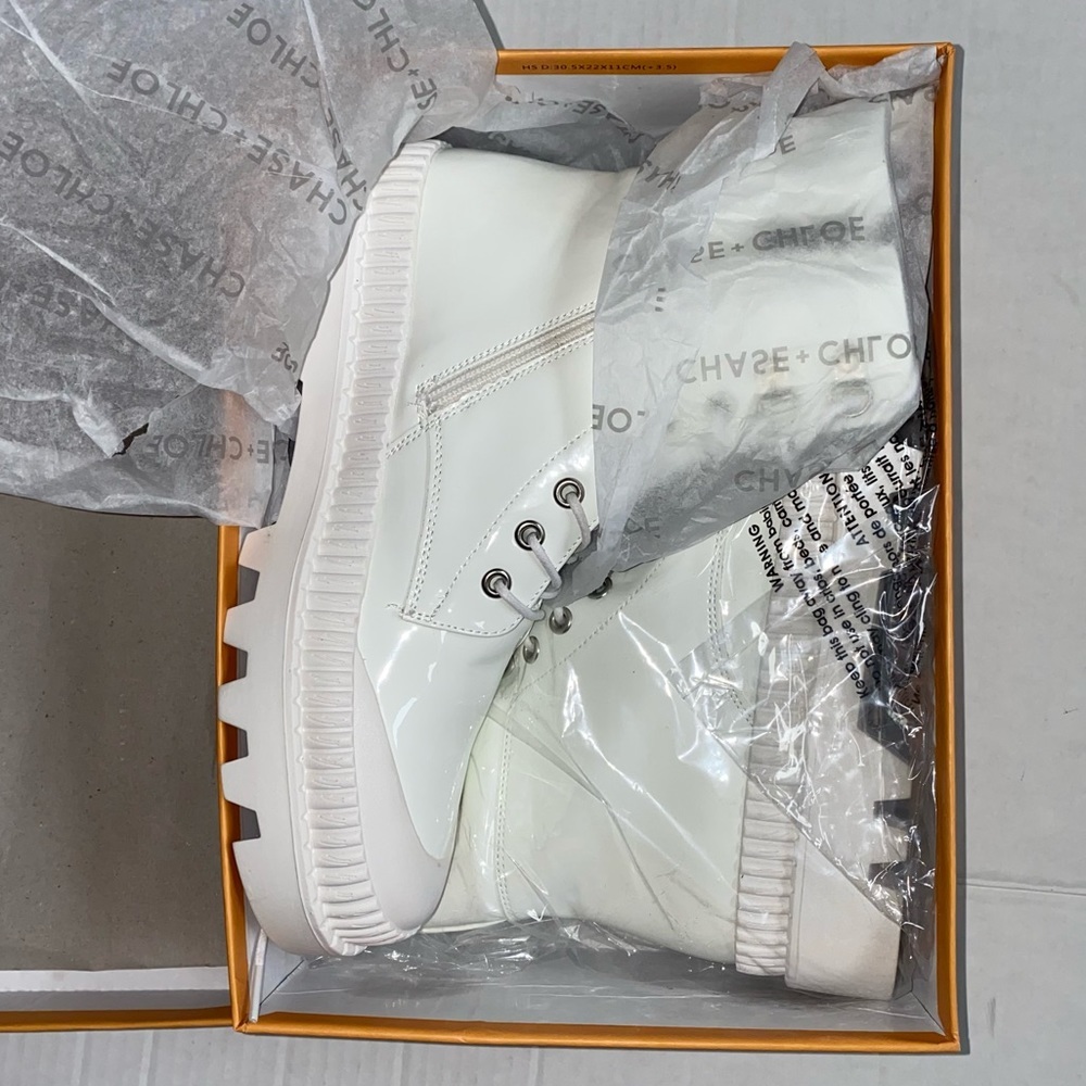 Chase And Chloe Chelsey Lug Sole White Patent Combat Boots - Picture 2 of 12